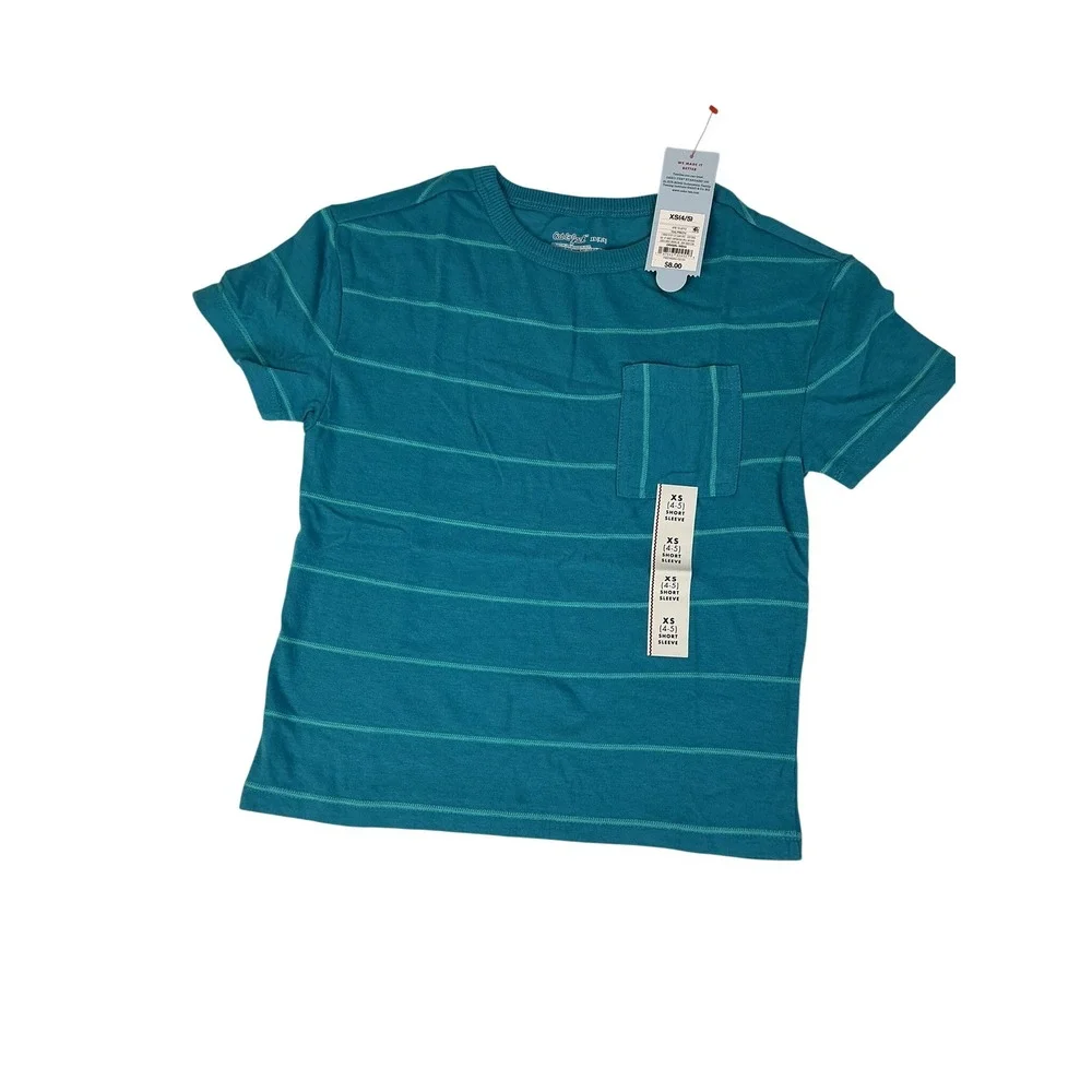 Cat & Jack Kids XS 4/5 Teal Striped Pocket T-Shirt Lot‎ of 2 New with Tags